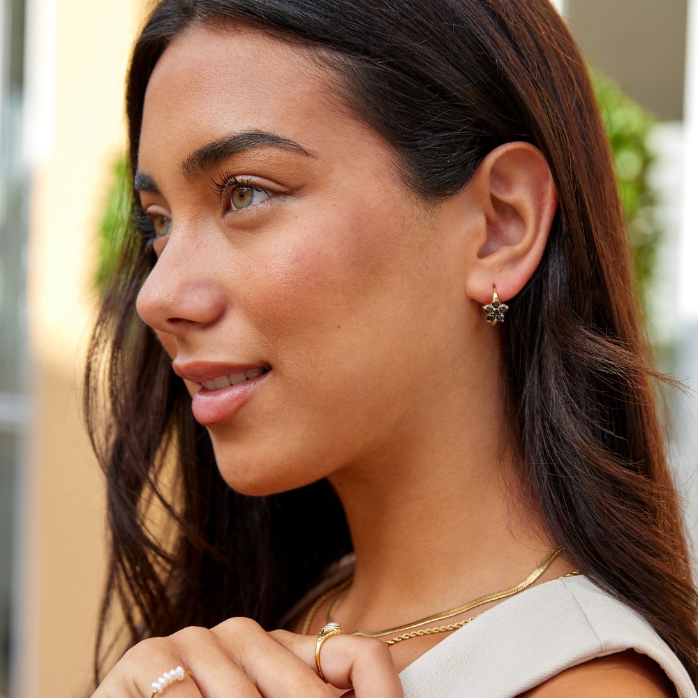 Black Crystal Flower Hoop Earrings