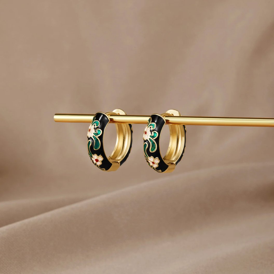 Black Gold Hoop Flower Earrings
