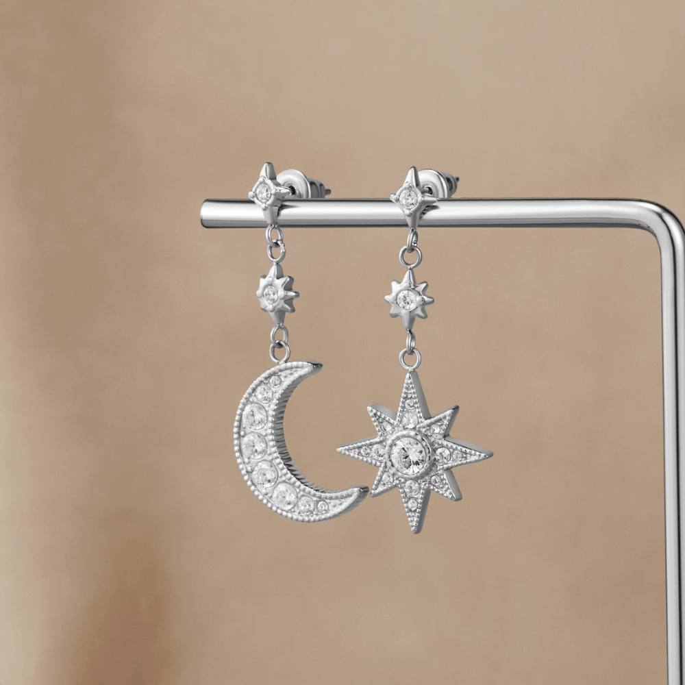 Silver Crystal Moon & Star Earrings